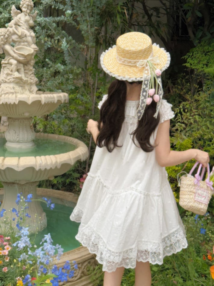 Mori Kei Dress White Floral Embroidery Lace Trim