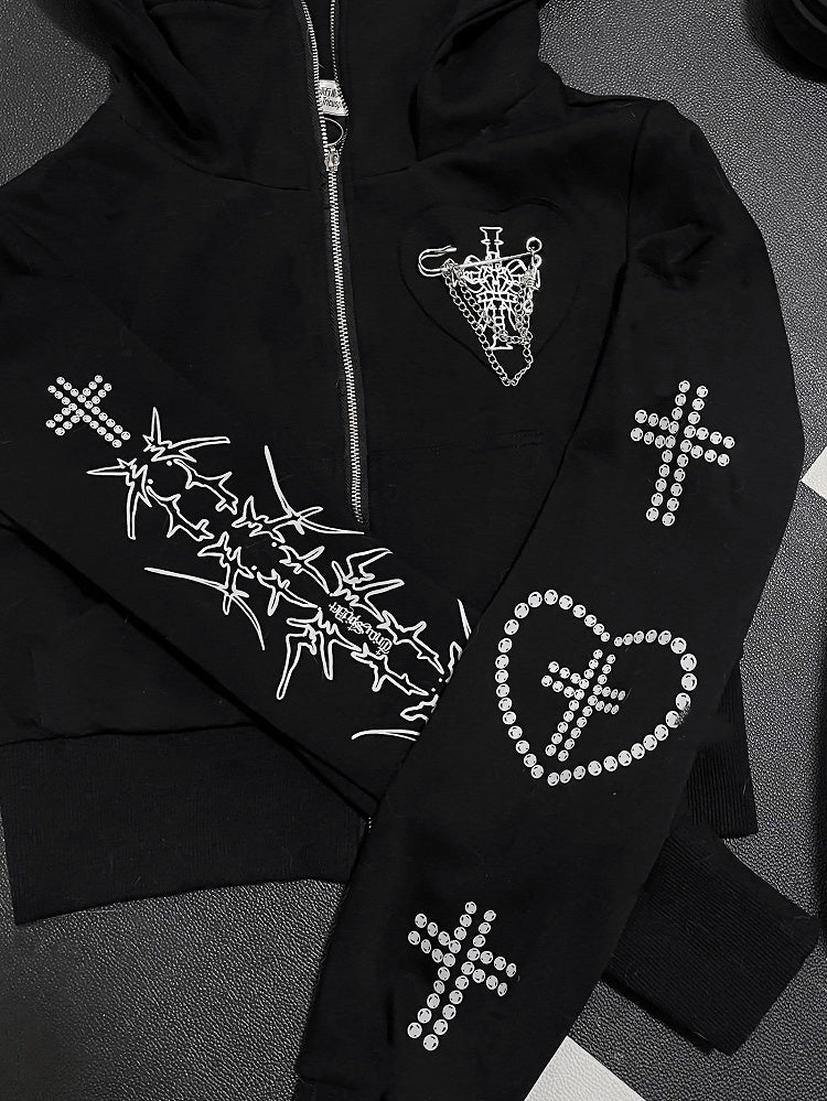 Cross And Bittersweet Kapuzenjacke mit Ohren und schwarzem Katzenherz-Design