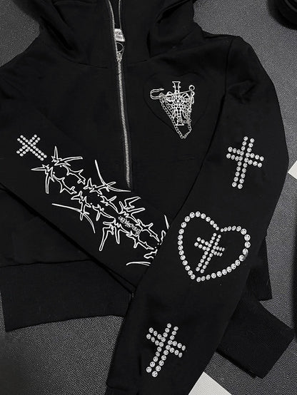 Cross And Bittersweet Kapuzenjacke mit Ohren und schwarzem Katzenherz-Design