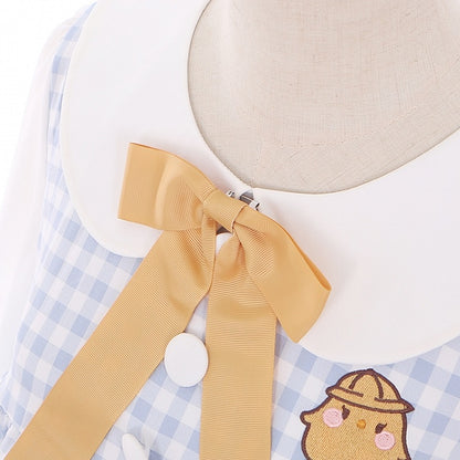 Robe à manches longues et col Peter Pan à carreaux bleu clair et motif poulet mignon