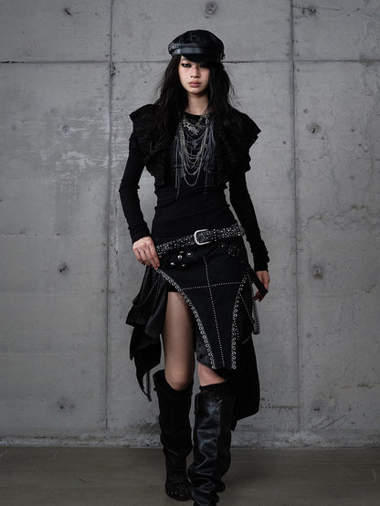 Chain Print Juliette Flutter with Black Gothic Overlays Top Punk Sleeve