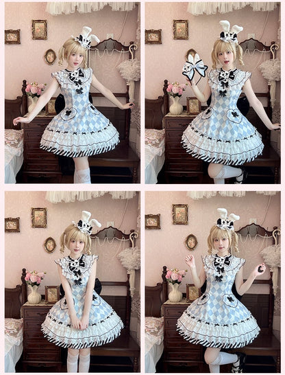 Wunderland Alice Blau Diamant Muster Hasenohren Hut Vibes in