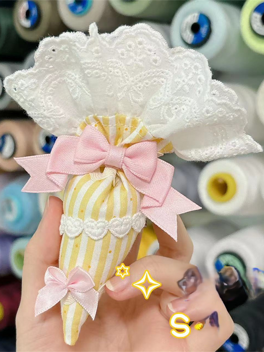 Brooch Bag-Shaped and Piping Pastry Lolita Lace Ruffles with Striped Bowknots Yellow