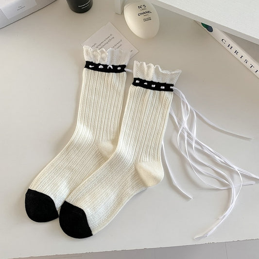 White/Black Cute Ruffled Cuff Calf Socks With Ribbons