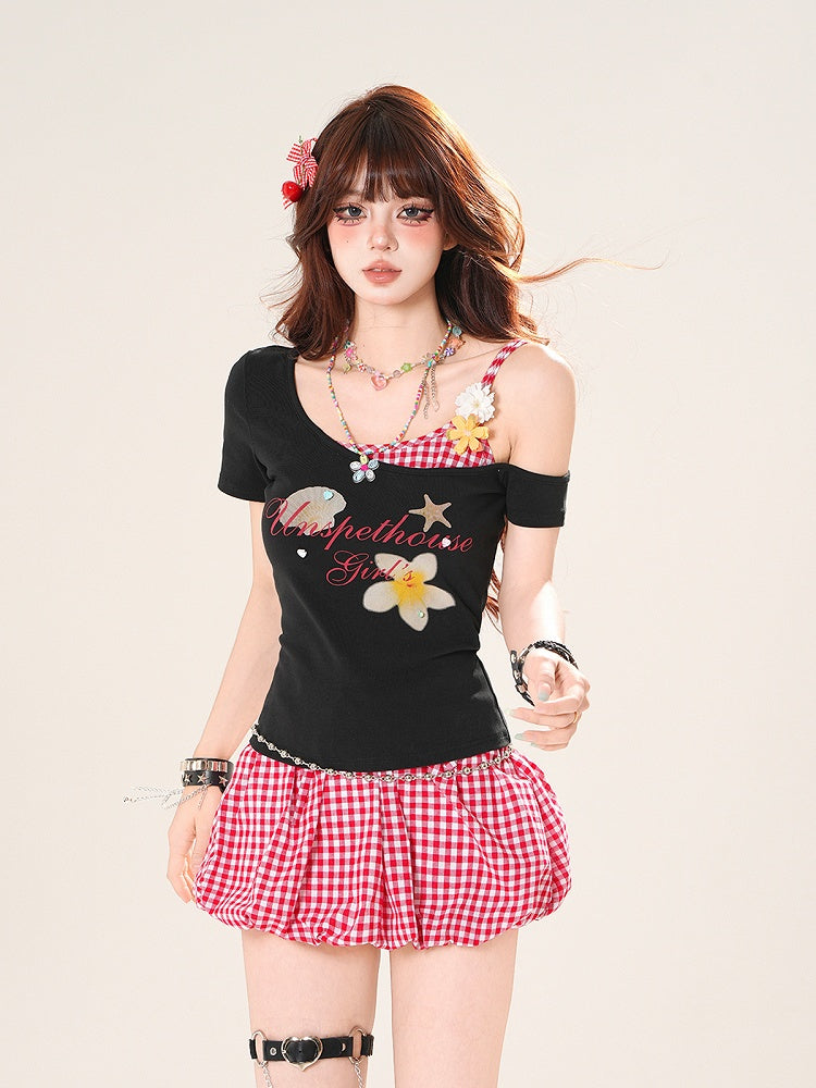 Faux Two-pieces T-Shirt Asymmetrical Neckline Floral Accents White/Black