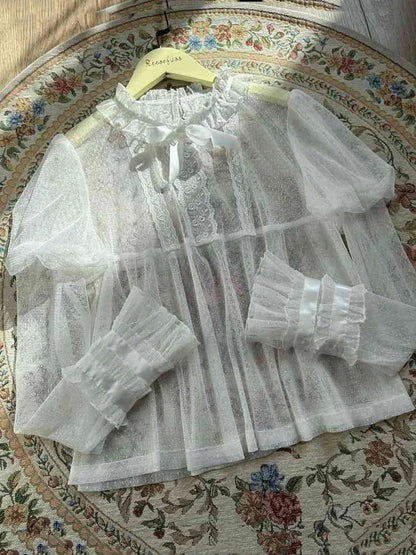 White Ruffle Neckline Juliette Sleeves Sheer Blouse