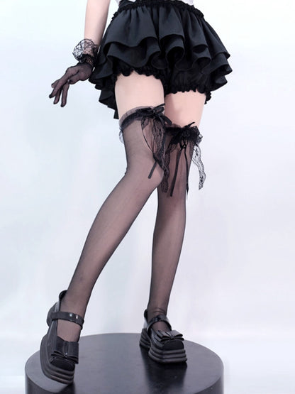 Black / White Lace Bowknot on Cuffs Over Knee Stockings