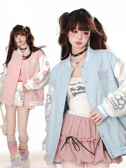 Blau/Pinke Baseballjacke mit süßer Welpen-Applikation auf der Rückseite
