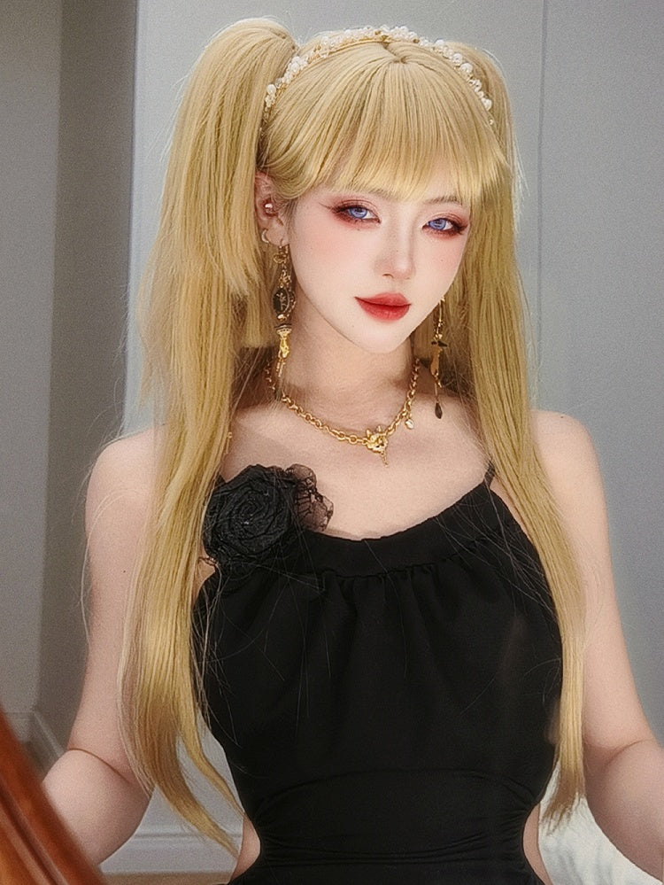 Blonde Hime Cut Long Straight Synthetic Wig with Double Claw Clips