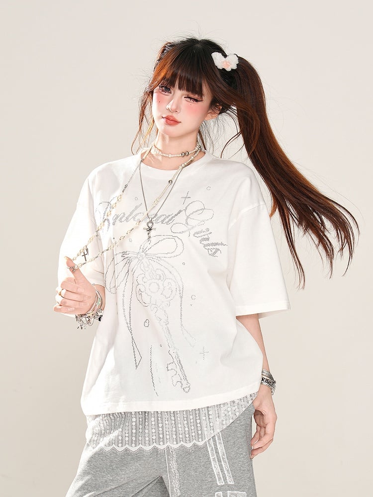 T-Shirt Loose Blue/White Key and Bowknot Print Lace Trim