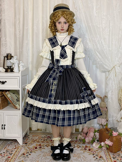 Blue Plaid and Black Striped Pattern Dress Detachable Collar and Tie Lolita Jumper Skirt