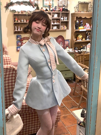 Coat Front Bowknot Pink Dress Plaid Wool with Buttons Creamy Blue