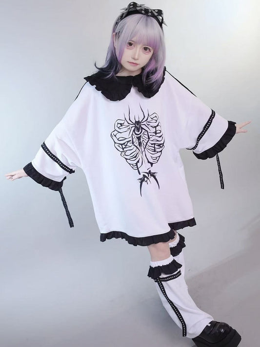 With Studs WhiteBlack Insect Kei Ruffles Jirai T-shirt Collar Decorated Peter Pan Print Warmers Trim Leg