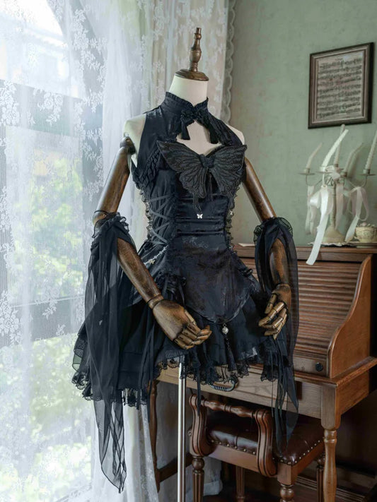 Sleeves Black Butterfly Qi with Theme Lolita Collar Banded Qipao Dress