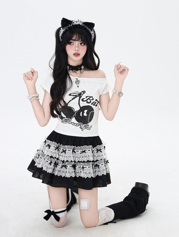 Heart Black/White T-Shirt Asymmetrical Neckline Cherry Print Studded