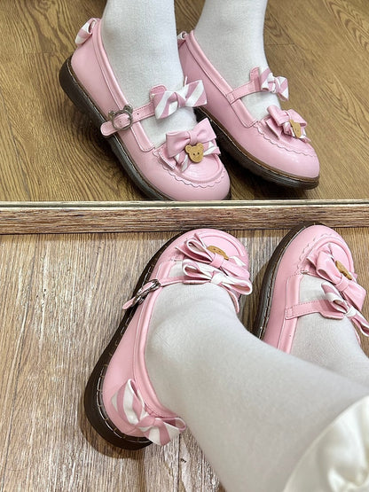 - 2cm Sweet with Uniform Striped Flats Pink Bow PU Lolita Sole