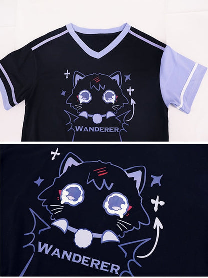 Wanderer Fan Art Black Cute Kitty Print V-neck T-shirt