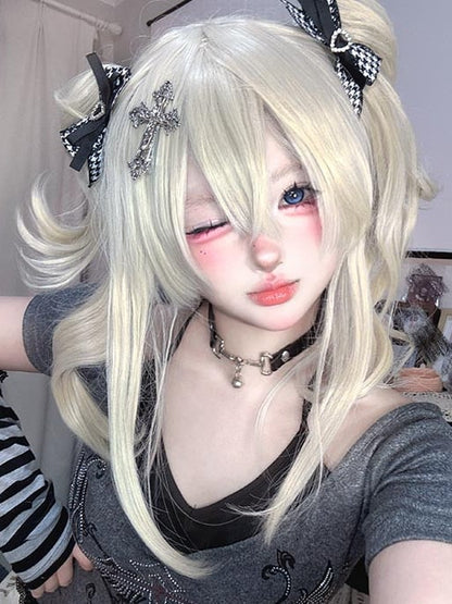 Two Ponytails Clips Claw  With Wavy Blonde + Bangs Wigs