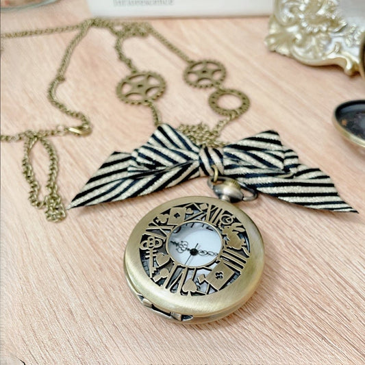 Bow Charm Pocket Necklace Alice Wonderland Pattern Vibes Bronze in Watch Striped