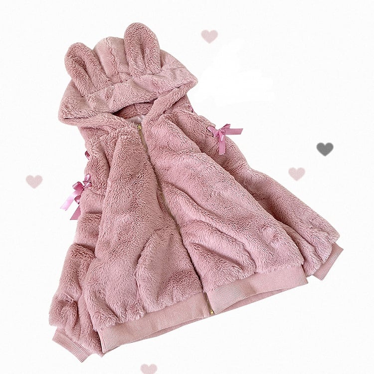 Jirai Kei Pink Bunny Ears Hood Landmine Style Plush Zip Hoodie