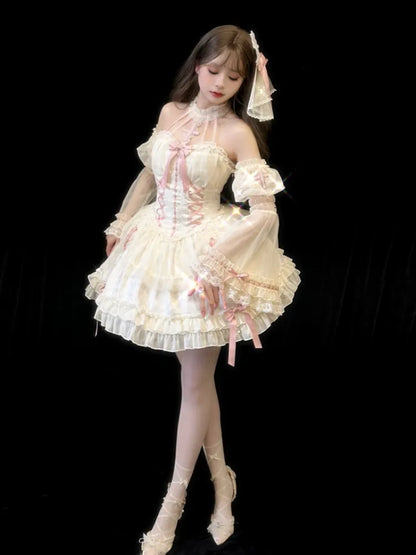 Cross Belle Ivory and Pink Corset Dress Halter Neck Balletcore Lolita JSK