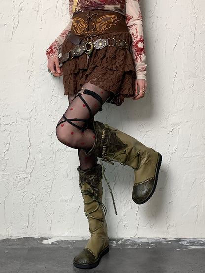 Red Black Heart Pattern Y2K Tights