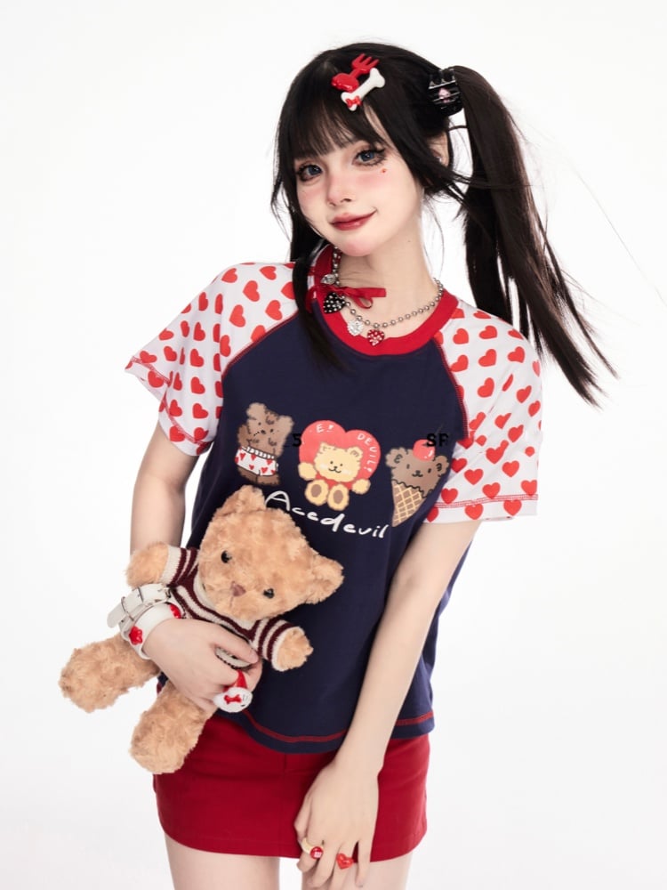Pattern Navy Blue Colorblock Design Teddy Bear Print T-Shirt Heart