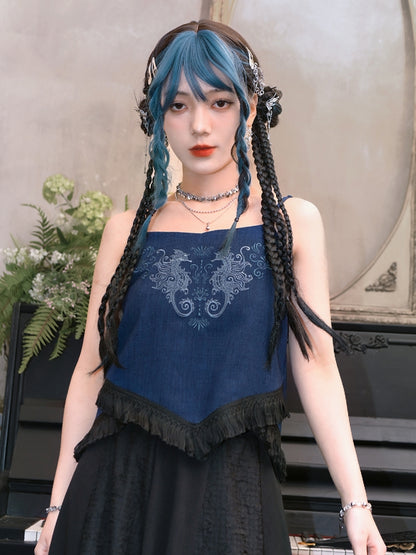 Seahorse Cheongsam Top and Cami Hem Style Tassel Dark Embroidery Coral Blue