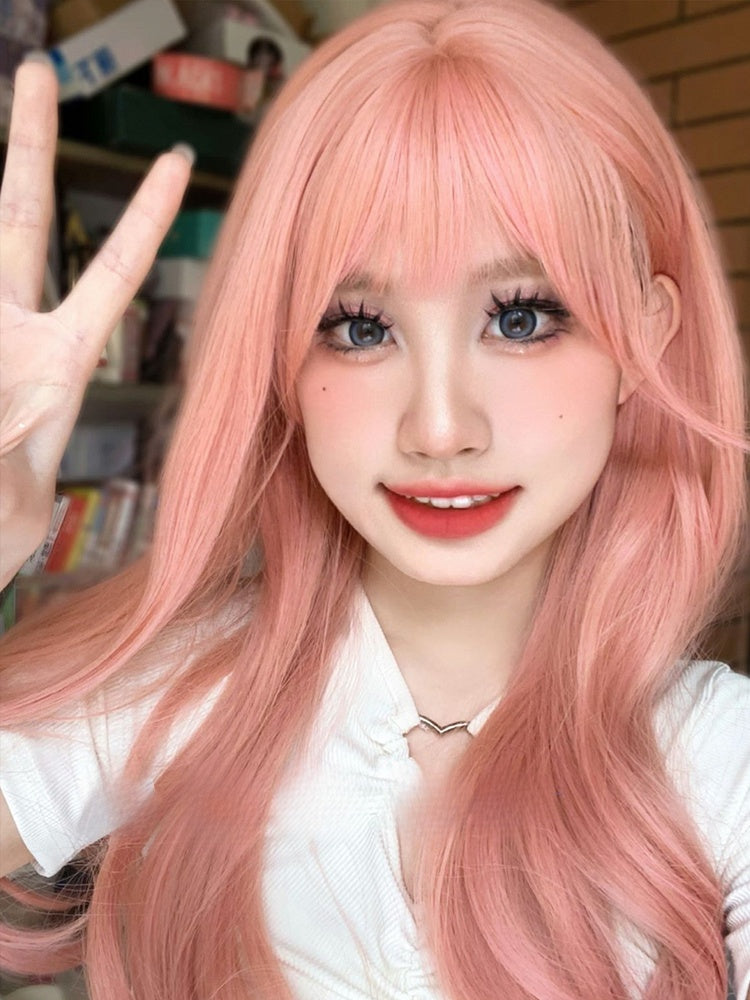 Wavy Pink 65CM Length Air Bangs With Wig