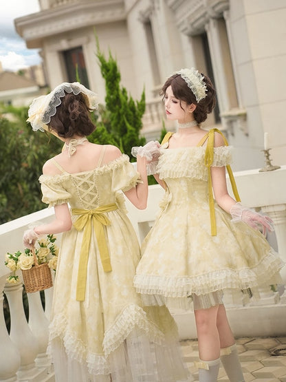 Light and Dress High Waist Lolita Butterfly Neckline Versatile Yellow Bows Print