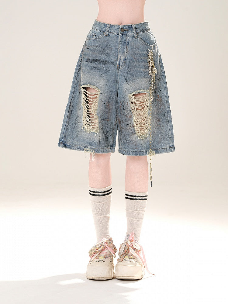 Blue Distressed Holes Straight-Leg Denim Shorts