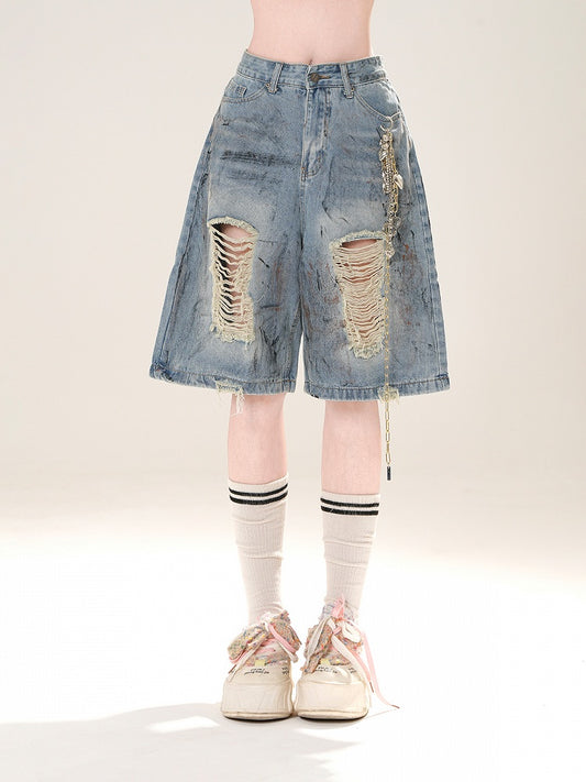 Blue Distressed Holes Straight-Leg Denim Shorts