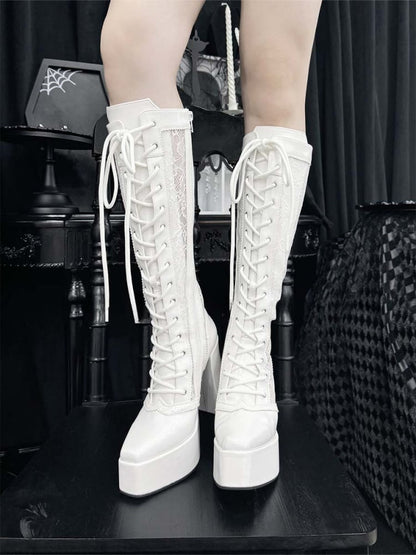 Gothic White Front Lace-up Ties Lace Platform High Block Heel  Knee-high Boots
