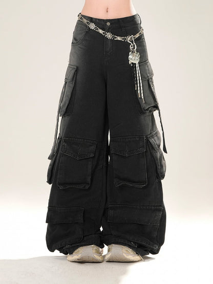 Low Blue/Black Waist Cargo Pockets Wide-Leg Jeans