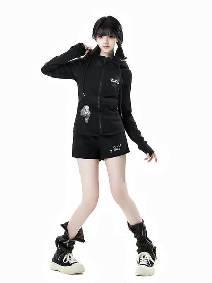 Long Sleeves Top Zip Closure Black/White Devil Horn Design Hood