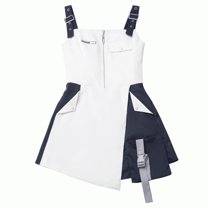 with Loading Bar Embroidery  Partial Front Zipper Blue  White Colorblock Techwear Dress