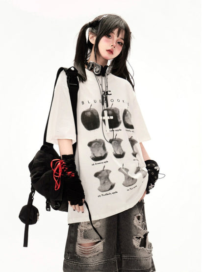 T-Shirt White Round Neck Apple Print Loose