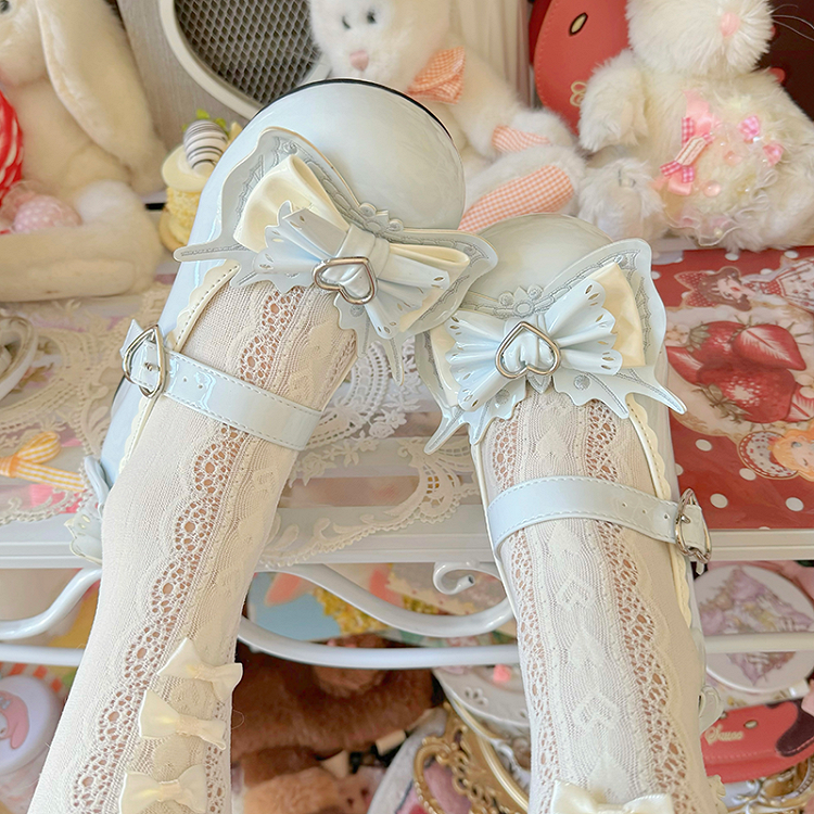 Sweet Lolita Light Blue Bowknot Heart Buckle Strap Block Heel Mary Janes