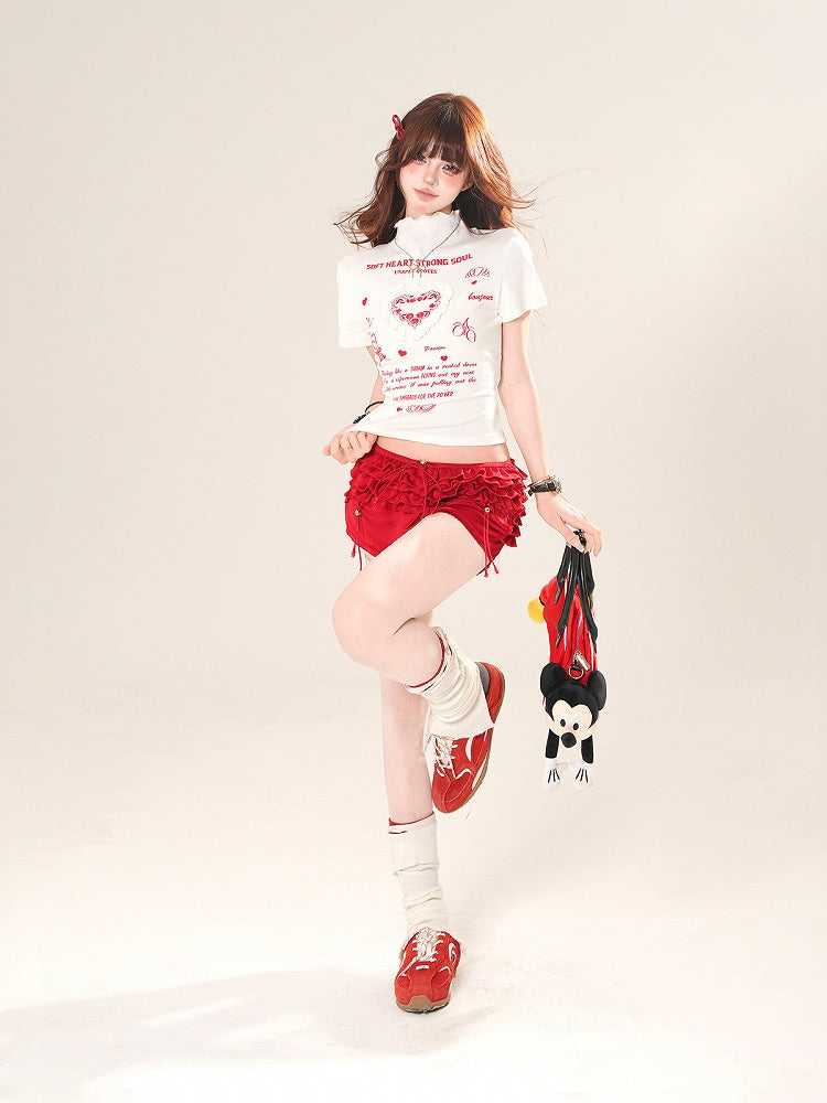 White/Yellow High Neck Ruffled Heart Graphic T-Shirt