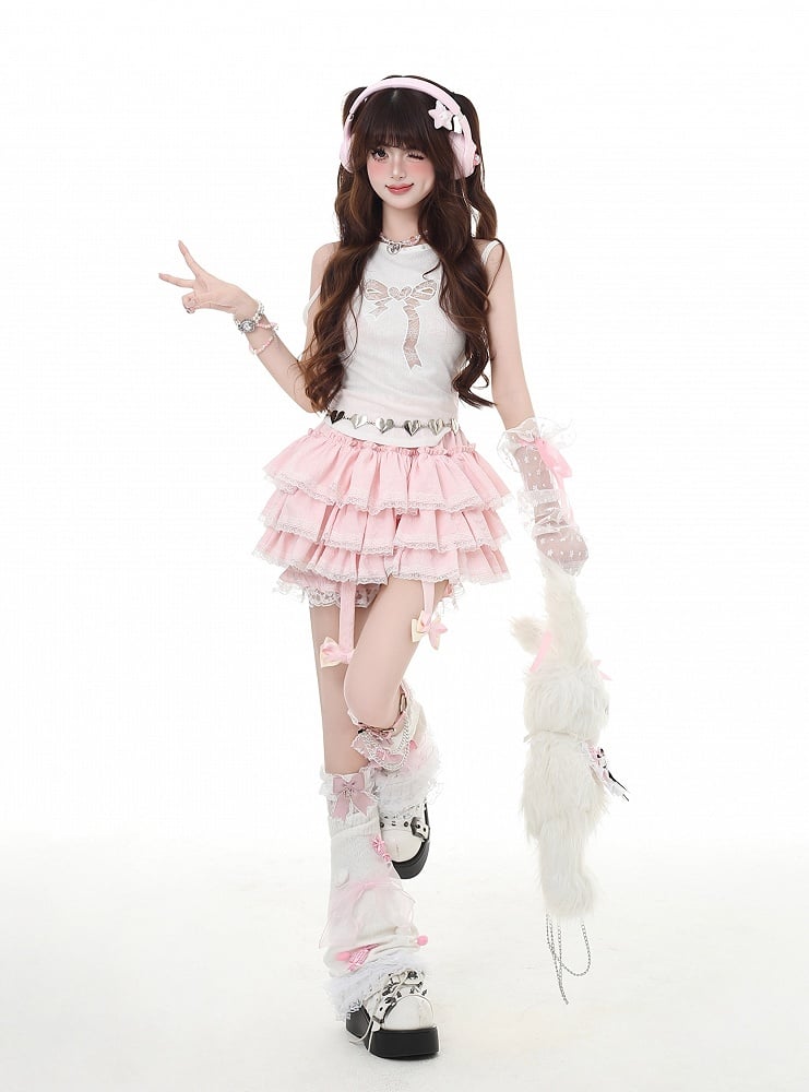 Detachable Lace Red/Pink/Black Bowknot Tiered Skirt with Y2K Glamorous Trim