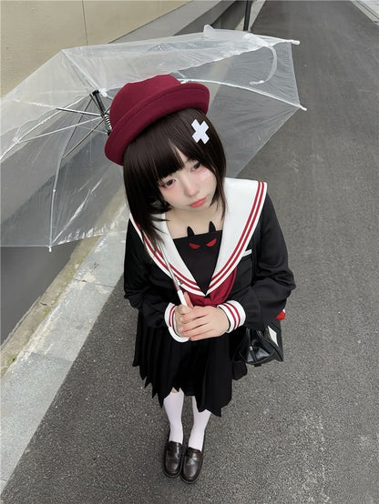 Robe d'uniforme JK à jupe plissée et col marin noir Little Devil
