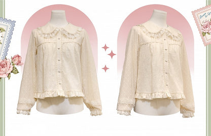 Beige Baumwollbluse mit rundem, flachem Kragen und langen Ärmeln