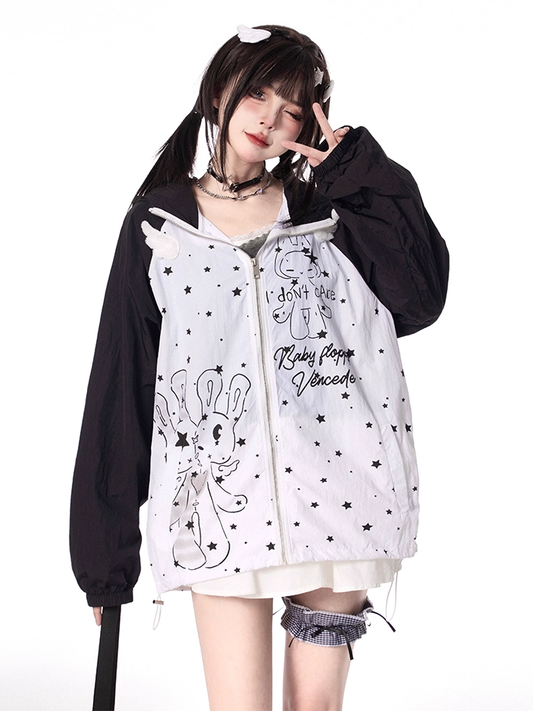 Design Hood Ears Kitty Colorblock Zip-up Jacket Cartoon Print Black/Green