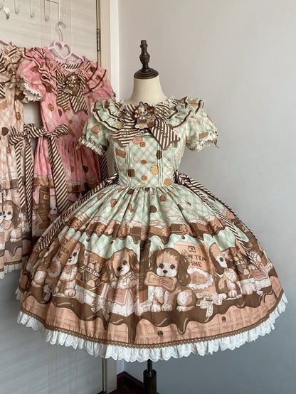 Puppy and Biscuit Green Sweet Lolita Short Sleeves Dress