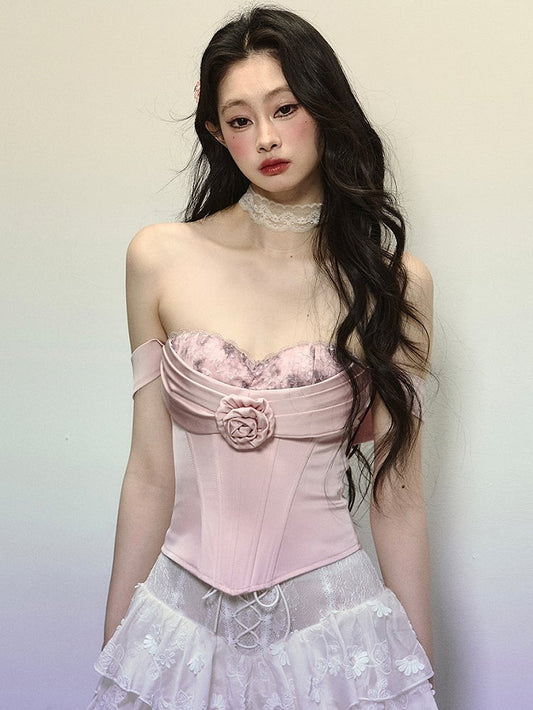Pink Floral Design Bustier Boned Corset Top