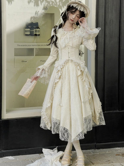 Beige Lace Patches Irregular Skirt Rose Fabric Lolita Dress