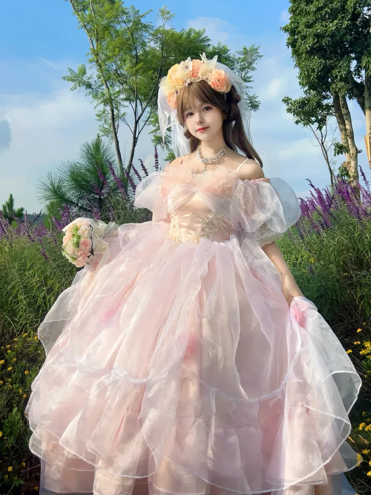 Hanayome Verfügbares rosafarbenes baskisches Taillen-Schnürkleid, wunderschönes Hime-Kleid in Übergrößen