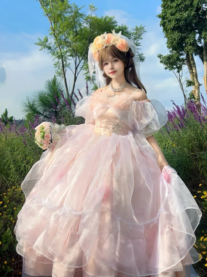 Hanayome Verfügbares rosafarbenes baskisches Taillen-Schnürkleid, wunderschönes Hime-Kleid in Übergrößen