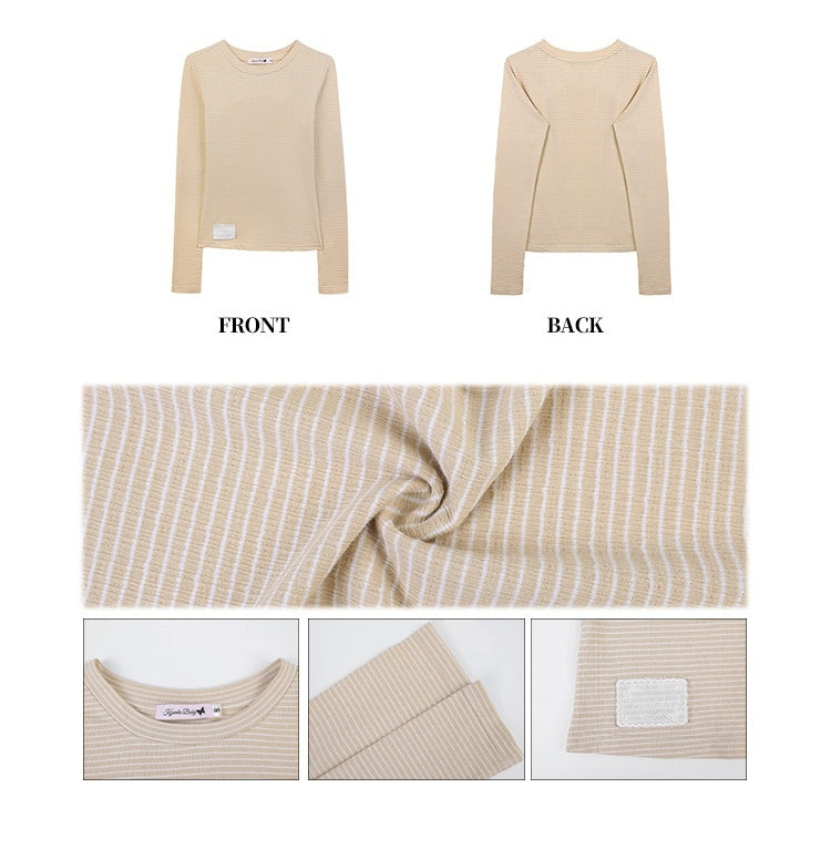 Beige Round Neck Striped Top