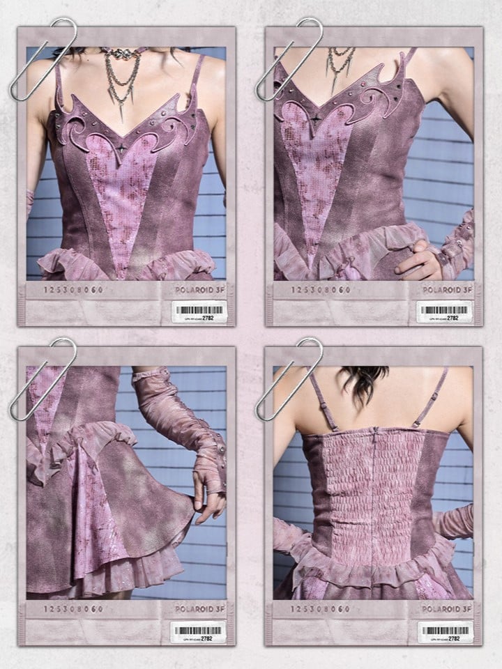 Slip Denim Y2K Totem Embroidery with Punk Ruffles Dress Dusty Pink Studded Tiered Tulle Rhinestoned